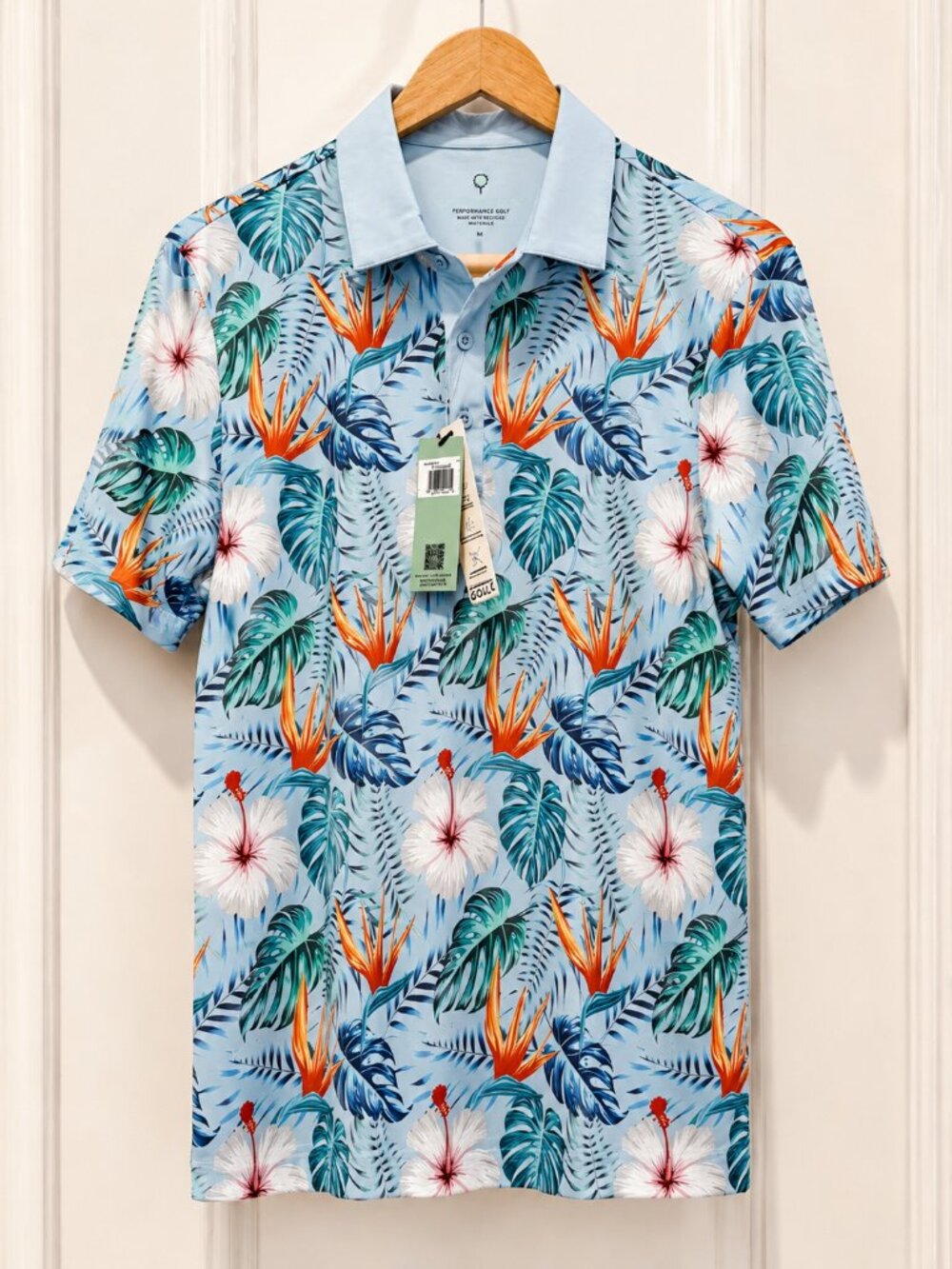 Report Collection Performance Golf Shirt Mens M Periwinkle Tropical Floral NWT